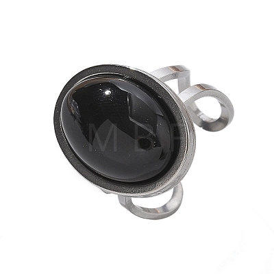 Oval Natural Black Agate Finger Rings RJEW-M062-02P-03-1