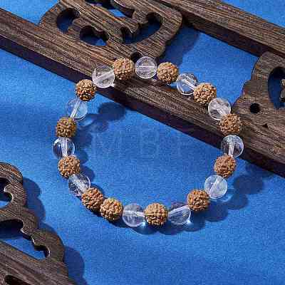 Round Natural Rudraksha & Quartz Crystal Beaded Stretch Bracelets for Women BJEW-TA00542-1