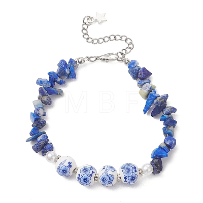Dyed Natural Lapis Lazuli Chip & Handmade Flower Printed Porcelain Beads Bracelets for Women BJEW-JB12968-1