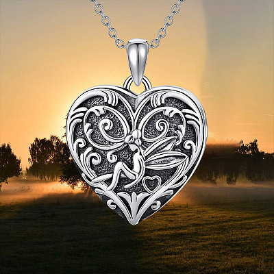 Vintage Alloy Embossed Fairy Heart Pendant Necklaces for Women WGC7509-01-1