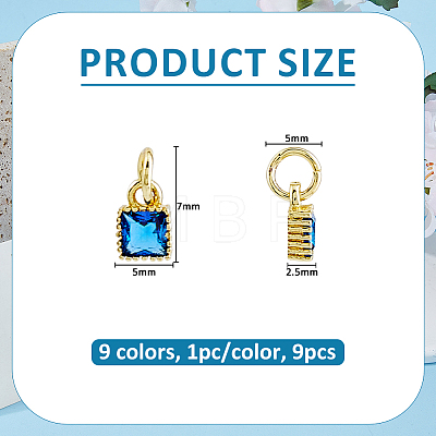9Pcs 9 Colors Brass Cubic Zirconia Pendants ZIRC-FH0001-55-1