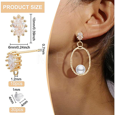 10Pcs Brass Clear Cubic Zirconia Stud Earring Findings KK-BC0008-76-1
