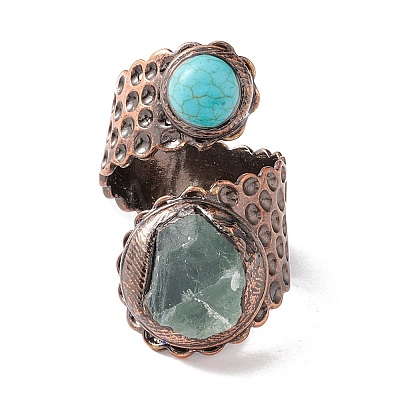Natural Fluorite & Synthetic Turquoise Open Cuff Ring RJEW-I082-09R-1