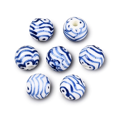 Hand Painted Blue and White Striped Round Porcelain Beads PORC-Q007-01C-1