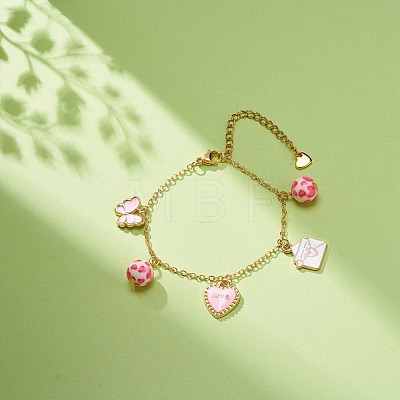 Word Love Heart Butterfly Alloy Enamel Charms Bracelet with Resin Beads BJEW-JB08677-1