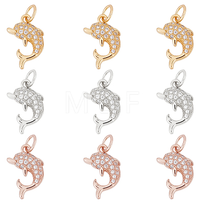 9Pcs 3 Colors Brass Micro Pave Cubic Zirconia Charms ZIRC-BBC0001-34-1