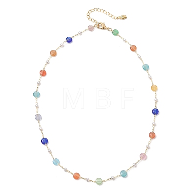 Colorful Flat Round Cat Eye & Plastic Imitation Pearl Brass Handmade Link Chain Necklaces for Women NJEW-JN05743-1