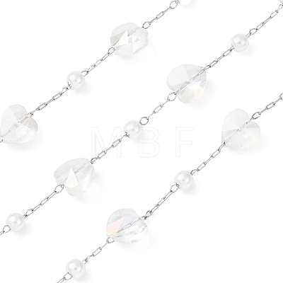 304 Stainless Steel & ABS Plastic Pearl Round Bead & Glass Heart Bead Cable Chains CHS-G048-11P-1