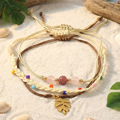 3OPcs 3 Styles Natural Rhodochrosite & Pink Jade & Glass Round Beads Bracelets & Brass Leaf Charm Bracelets Set DI3925-2-1