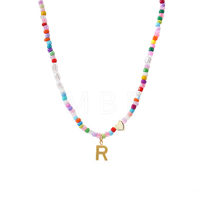 Colorful Beaded Heart Letter Necklace with Pearl Elements Stainless Steel Pendant Jewelry TR2146-18-1
