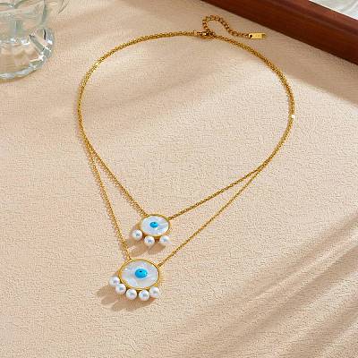 304 Stainless Steel Acrylic Blue Evil Eye Pendant Double Layer Necklaces for Women WG0980E-01-1
