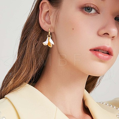 White Enamel Lilies Flower Dangle Hoop Earrings JE970A-1