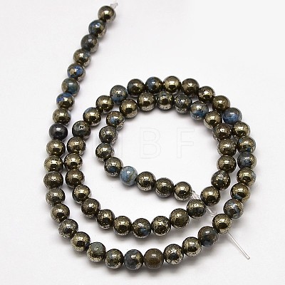 Electroplate Gemstone Natural Pyrite Round Beads Strands G-L129-6mm-01-1