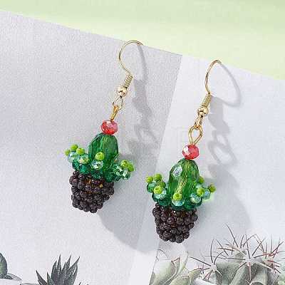 3D Cactus Potted Plant Glass Seed Beads Dangle Earrings EJEW-MZ00645-1
