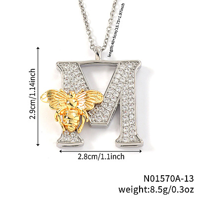 Brass Micro Pave Clear Cubic Zirconia Bee Initial Pendant Necklaces FS-WGF5E80-13-1