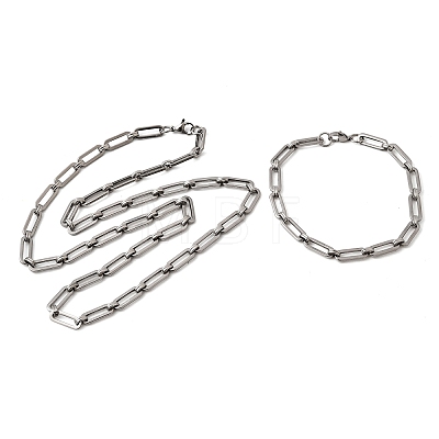 304 Stainless Steel Paperclip Chains Bracelet & Necklace Jewelry Sets SJEW-L199-15P-1