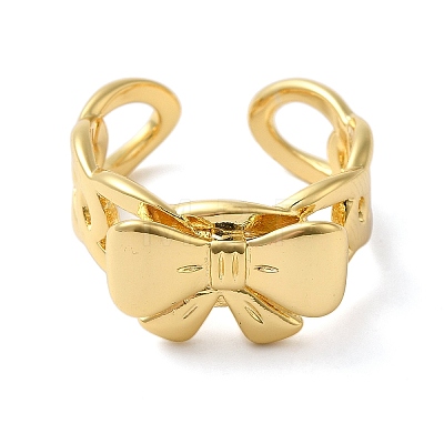 Bowknot Brass Open Cuff Rings for Women RJEW-B062-02G-1