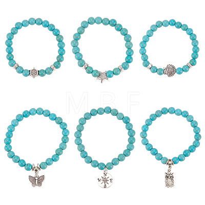 6Pcs 6 Style Synthetic Turquoise Round Beaded Stretch Bracelets Set BJEW-AN0001-20-1