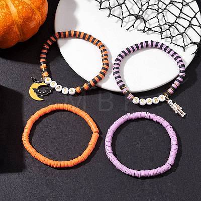 4Pcs Halloween Theme Handmade Polymer Clay Beaded Stretch Bracelets BJEW-TA00469-1