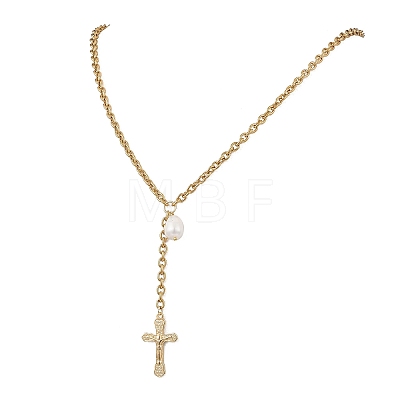 304 Stainless Steel Cable Chain Tassel Cross Pendant Necklaces NJEW-JN05653-1