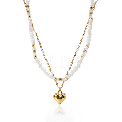 Stainless Steel Heart Pendant White Glass Seed Beaded Double Layer Necklaces CO2077-1-1