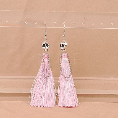 Zinc Alloy Polyester Skull Tassel Dangle Earrings FS-WG69CBD-01-1