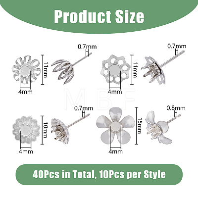 40Pcs 4 Style Flower 201 & 304 Stainless Steel Stud Earring Findings STAS-DC0014-76-1
