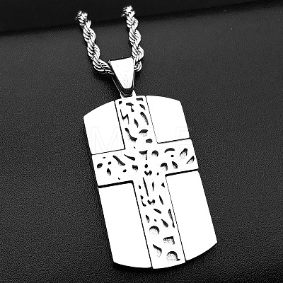 304 Stainless Steel Rectangle Dog Tag with Cross Pendant Necklaces for Men WGBC7F7-01-1