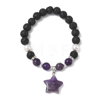 Natural Amethyst & Lava Rock & Shell Pearl Charm Bracelets BJEW-JB13705-01-1
