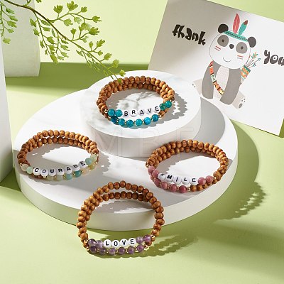 Natural Wood Round Beads Stretch Bracelets Sets BJEW-JB07347-1