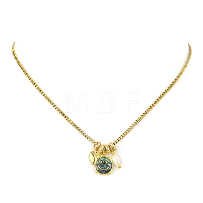 Brass Natural Paua Shell & Pearl Pendant 304 Stainless Steel Curb Chain Necklaces for Women NJEW-JN06258-04-1