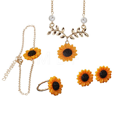 Sunflower Iron Resin Pendant Necklaces & Link Bracelets & Stud Earrings & Finger Ring Sets WGABE86-03-1