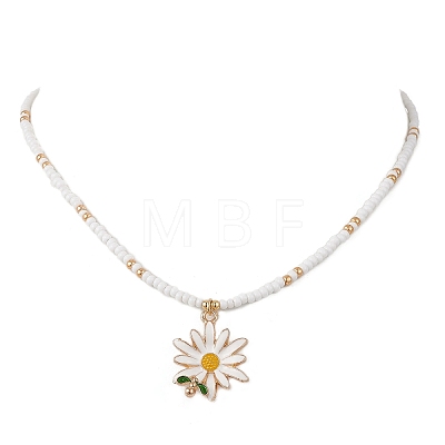 Summer Alloy Enamel Flower Pendant Glass Seed Beaded Necklaces for Women NJEW-MZ00151-1