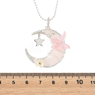 Natural Rose Quartz Wire Wrapped Moon with Acrylic Butterfly Pendant 304 Stainless Steel Ball Chain Necklaces NJEW-TA00266-04-1