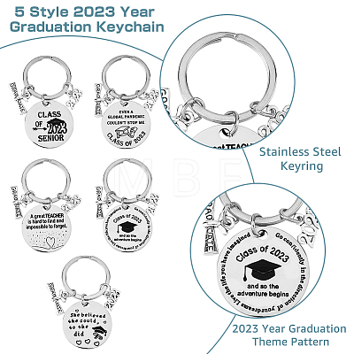 5Pcs 5 Style Class of 2023 Graduation Gifts Stainless Steel Keychain KEYC-FH0001-32A-1