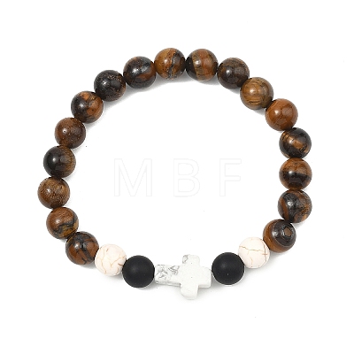 Natural Black Agate & Grade AB Tiger Eye & Howlite Beads Stretch Braceles for Women Men BJEW-JB13625-1
