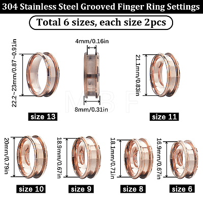 SUNNYCLUE 12Pcs 6 Size 304 Stainless Steel Grooved Finger Ring Settings RJEW-SC0001-04-1