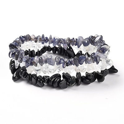 Chips Natural Cordierite & Quartz Crystal & Obsidian Beaded Stretch Bracelets Sets X-BJEW-JB05332-03-1