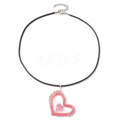 Valentine's Day Glass Seed Beads Beaded Heart Pendant Necklaces NJEW-MZ00079-01-1