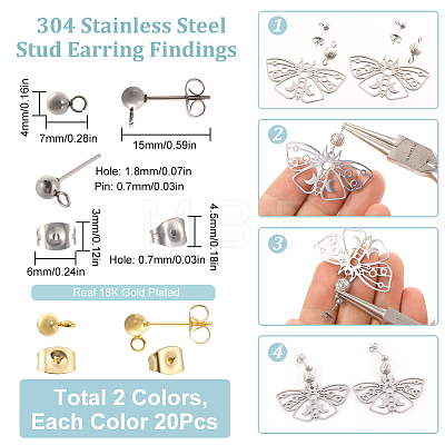 40Pcs 2 Style 304 Stainless Steel Ball Post Stud Earring Findings STAS-SC0005-25-1
