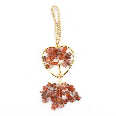 Heart with Tree of Life Metal & Natural Carnelian Chip Pendant Decorations PW-WG80265-04-1