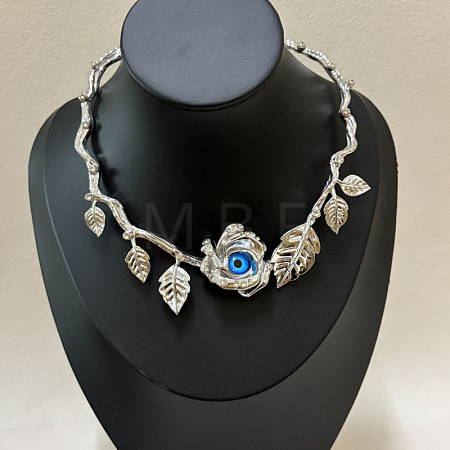 Alloy Crystal Rhinestone & Resin Blue Evil Eye Rose Flower Hinged Open Cuff Choker Necklaces for Women WG757BF-02-1