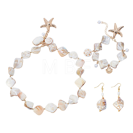 Shell Beaded Charm Bracelets and Rhombus Dangle Earrings and Pendant Necklaces for Women SJEW-ME0001-11-1