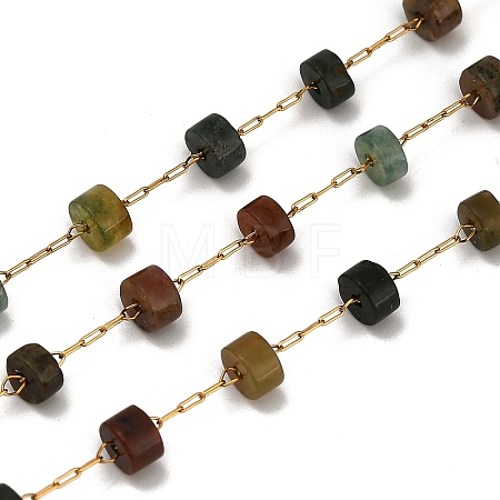 Handmade 304 Stainless Steel Indian Agate Beads Flat Round Link Chains CHS-B011-05G-02-1