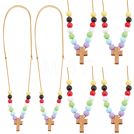Wood Cross with Acrylic Beaded Pendant Necklaces for Women NJEW-AB00014-1