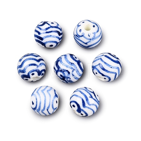 Hand Painted Blue and White Striped Round Porcelain Beads PORC-Q007-01C-1