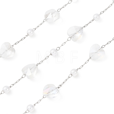 304 Stainless Steel & ABS Plastic Pearl Round Bead & Glass Heart Bead Cable Chains CHS-G048-11P-1