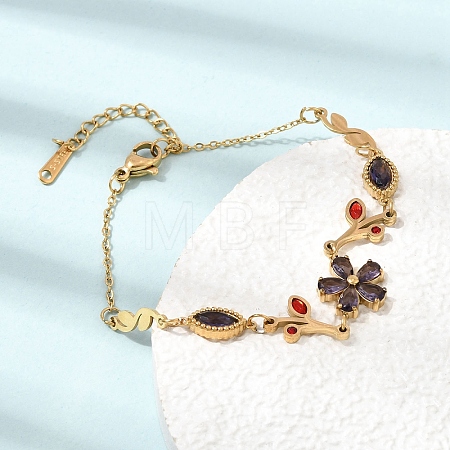 304 Stainless Steel Glass Flower Leaf Link Chain Bracelets SA-CBAF6AD-15G-1