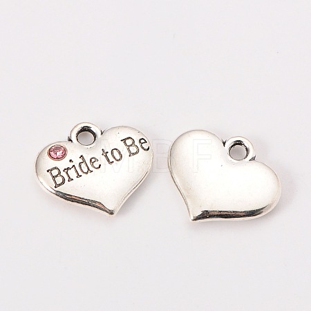 Wedding Theme Antique Silver Tone Tibetan Style Heart with Bride to Be Rhinestone Charms TIBEP-N005-10B-1