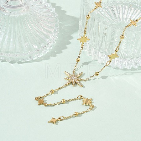 304 Stainless Steel Micro Pave Clear Star Pendant Long Tassel Y Necklaces for Women NJEW-C119-02G-1